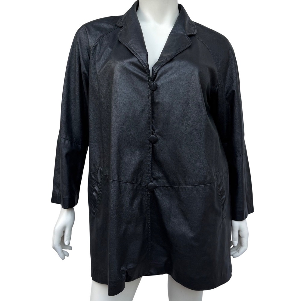 Danier Vintage 90's Leather Jacket Black Oversized Button Front Quiet Luxury L